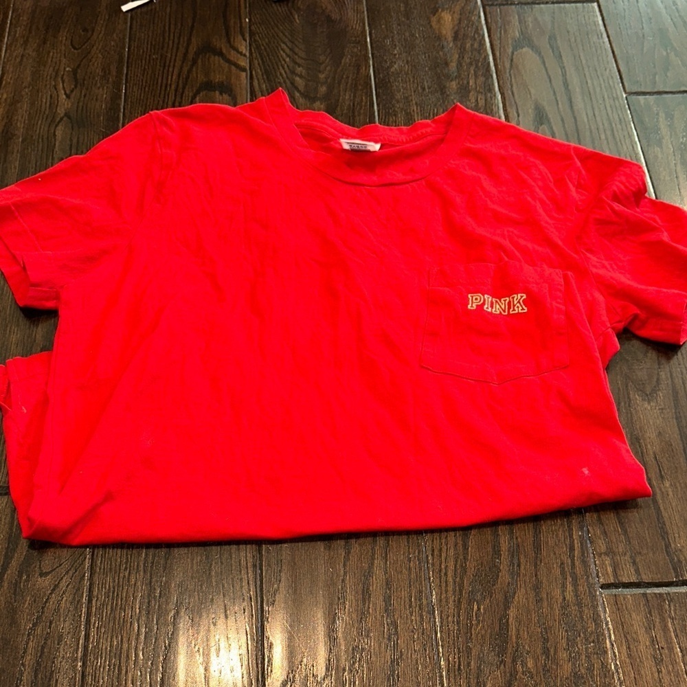 PINK Victoria's Secret Red Tee with gold pink logo and gold pink dog size medium